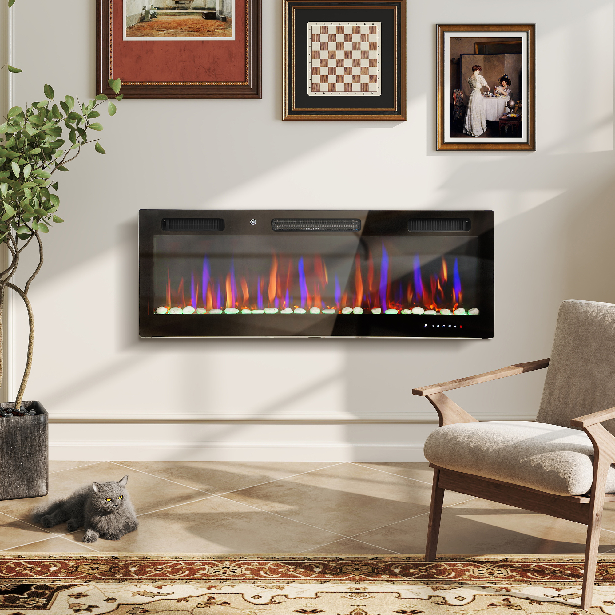 Ultradünner, Elektrischer Einbaukamin Mit 3d-flammeneffekt, Einstellbarer Helligkeit/geschwindigkeit Und 12 Kieselsteinfarben, 900/1800 W