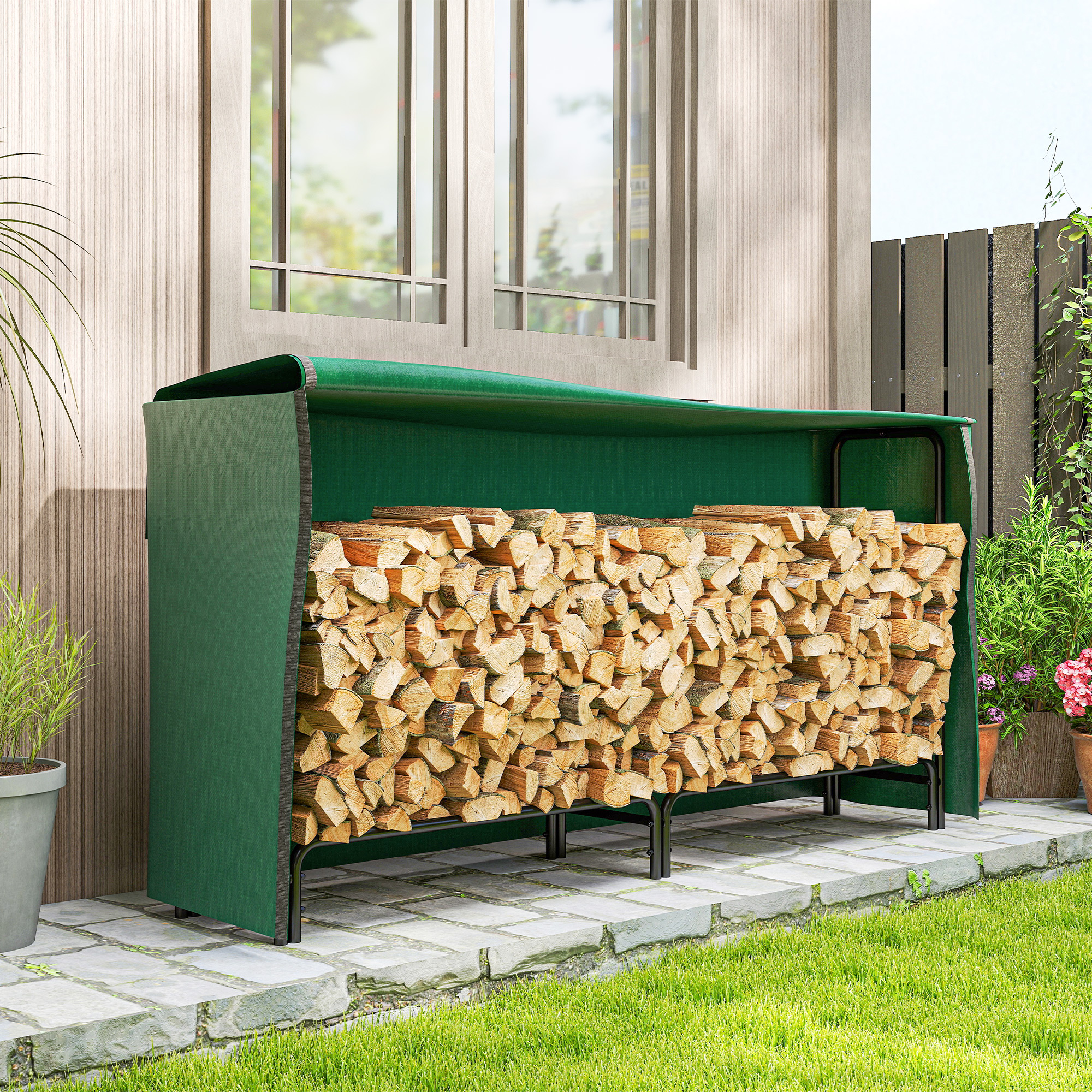 Brennholzregal Mit Abdeckung Und Ablage Für Den Innen- Und Außenbereich, Tragkraft 200 Kg, 200 X 36 X 99 Cm, Dunkelgrün Und Schwarz