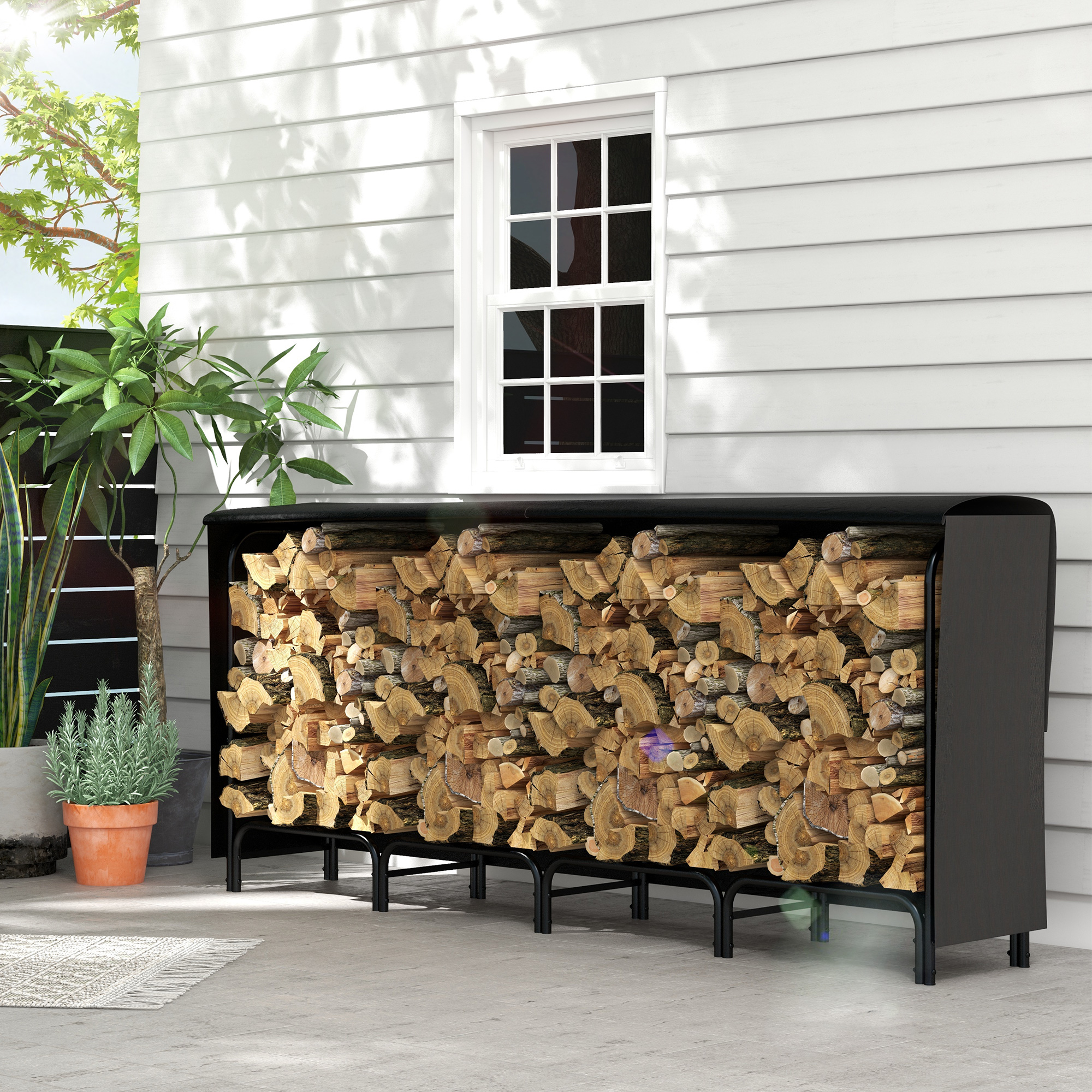 Metall-brennholzregal Für Drinnen Und Draußen, Verstellbarer Holzschuppen Mit Stofftasche Und Wasserdichter Abdeckung, 240 X 36 X 99 Cm, Schwarz