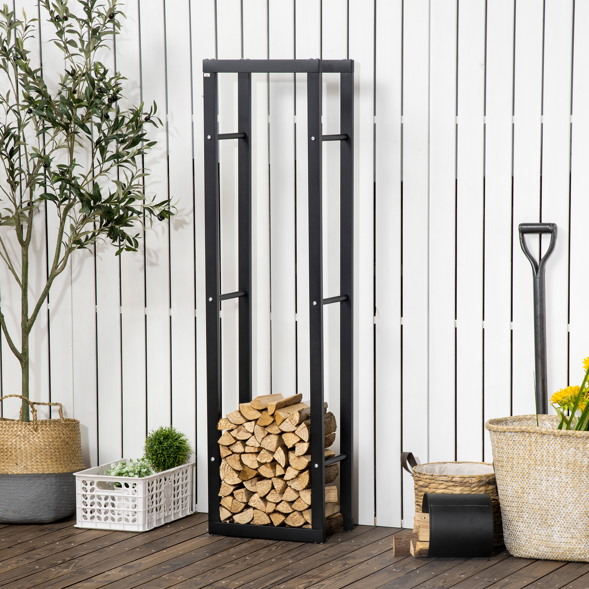 Vertikales Brennholzregal Für Den Innen- Und Außenbereich Mit 100 Kg Maximaler Tragkraft, Metall-brennholzschuppen Für Drinnen Und Draußen, 40 X 25 X 150 Cm, Schwarz