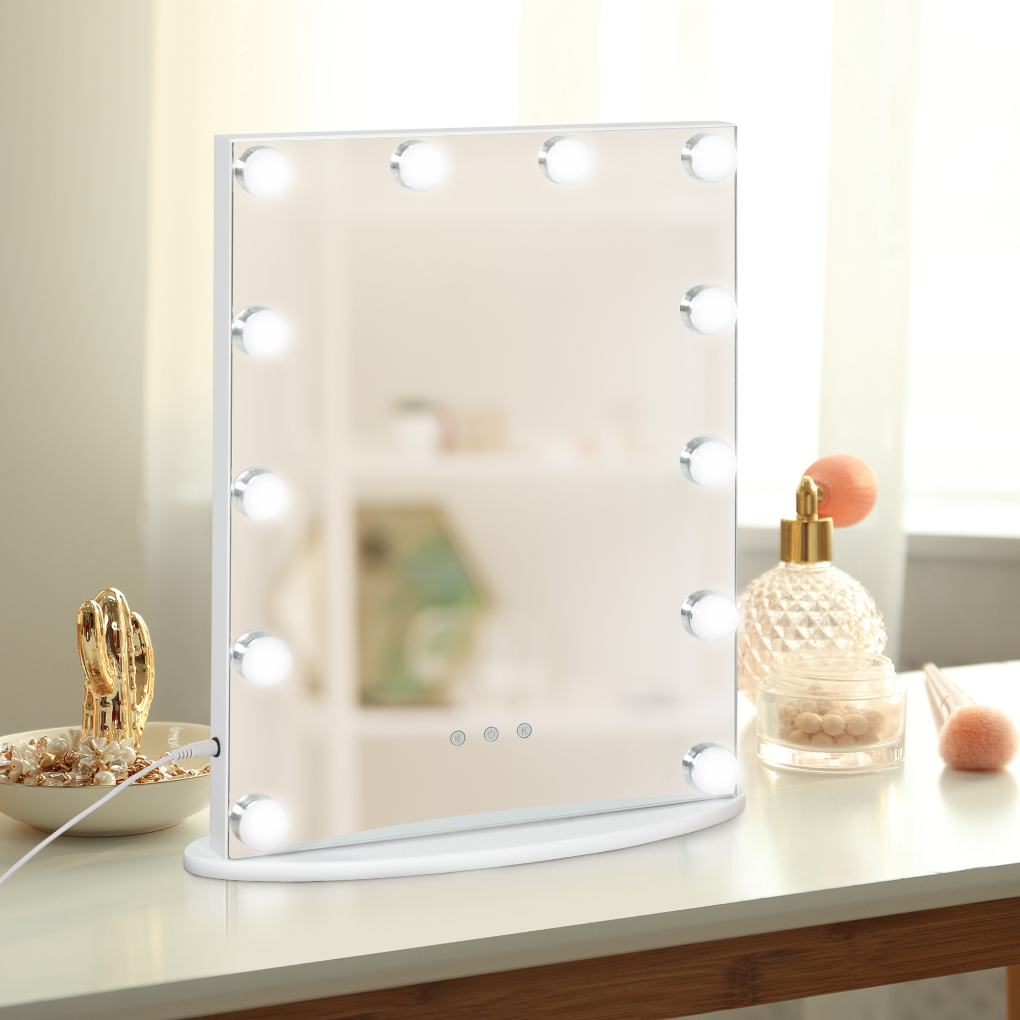 Hollywood-schminkspiegel, Touchscreen-spiegel Mit 12 Einstellbaren Led-leuchten, 41,5 X 13,5 X 51 Cm, Weiß