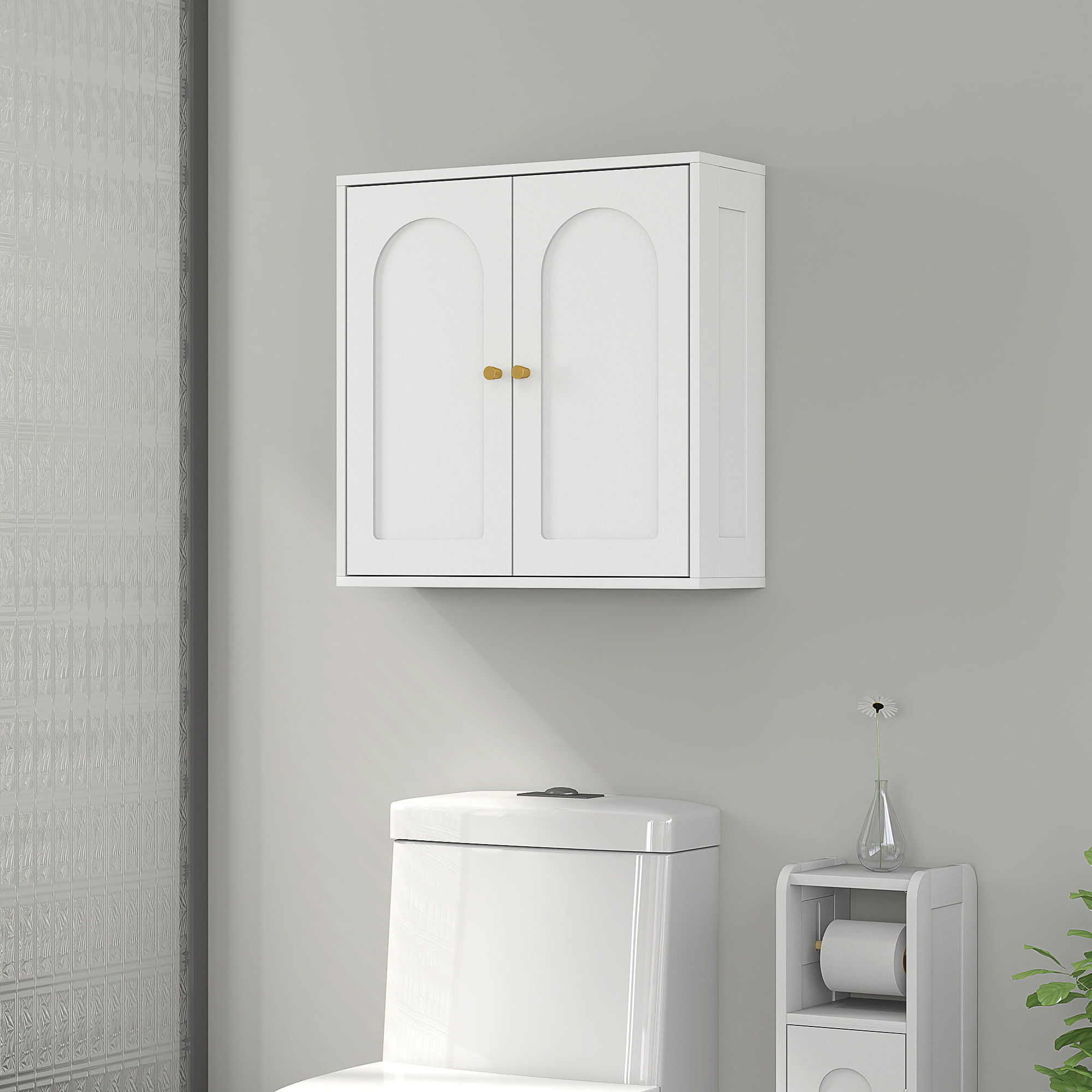 Badezimmer-wandschrank Mit Regalböden, 2 Türen Mit Bogendesign, Goldene Griffe, 60 X 20 X 60 Cm, Weiß