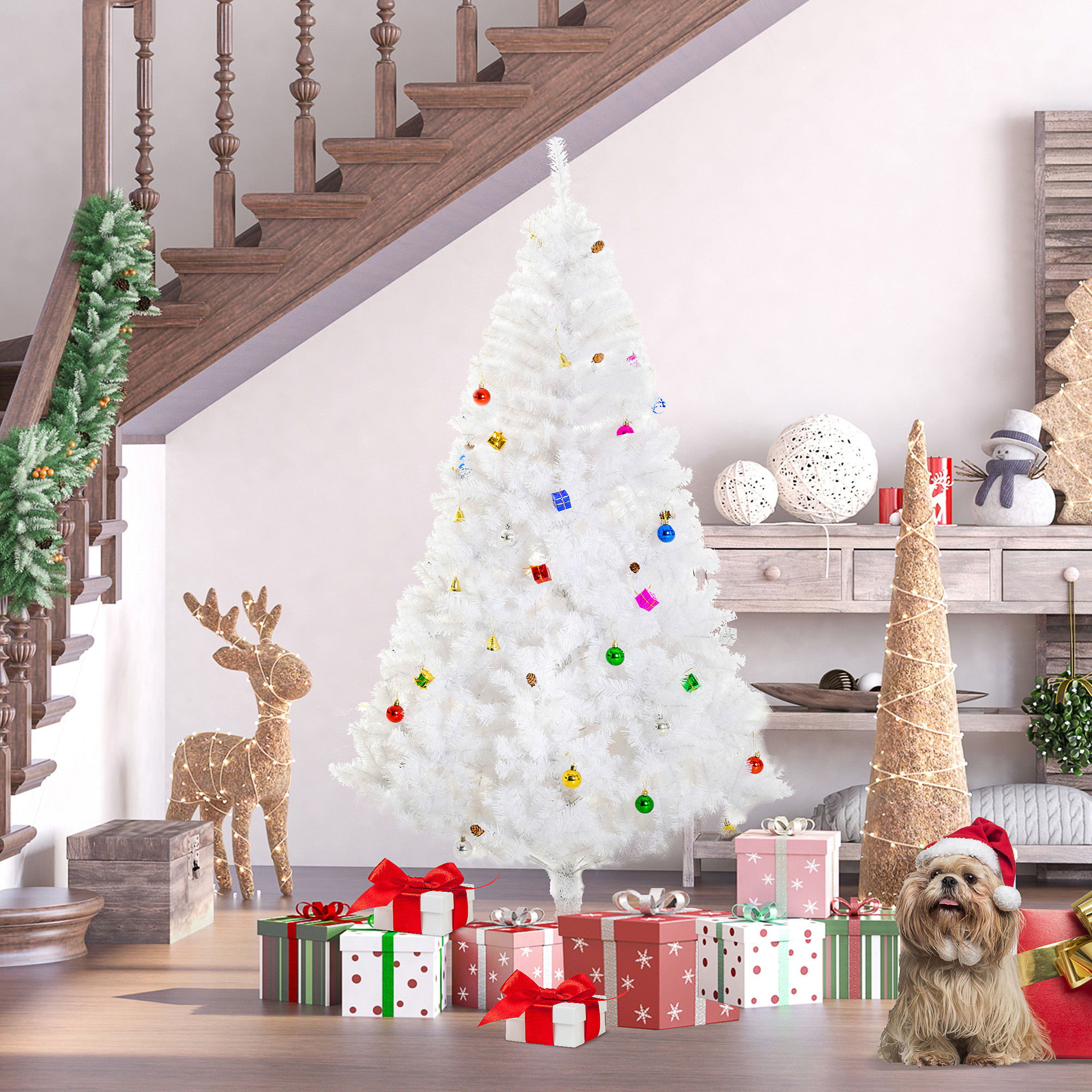 Künstlicher Weihnachtsbaum Von Homcom, 180 Cm, Mit 930 Kunststoffzweigen Und 48 Dekorationen, Ø 105 X 180 Mm, Weiß