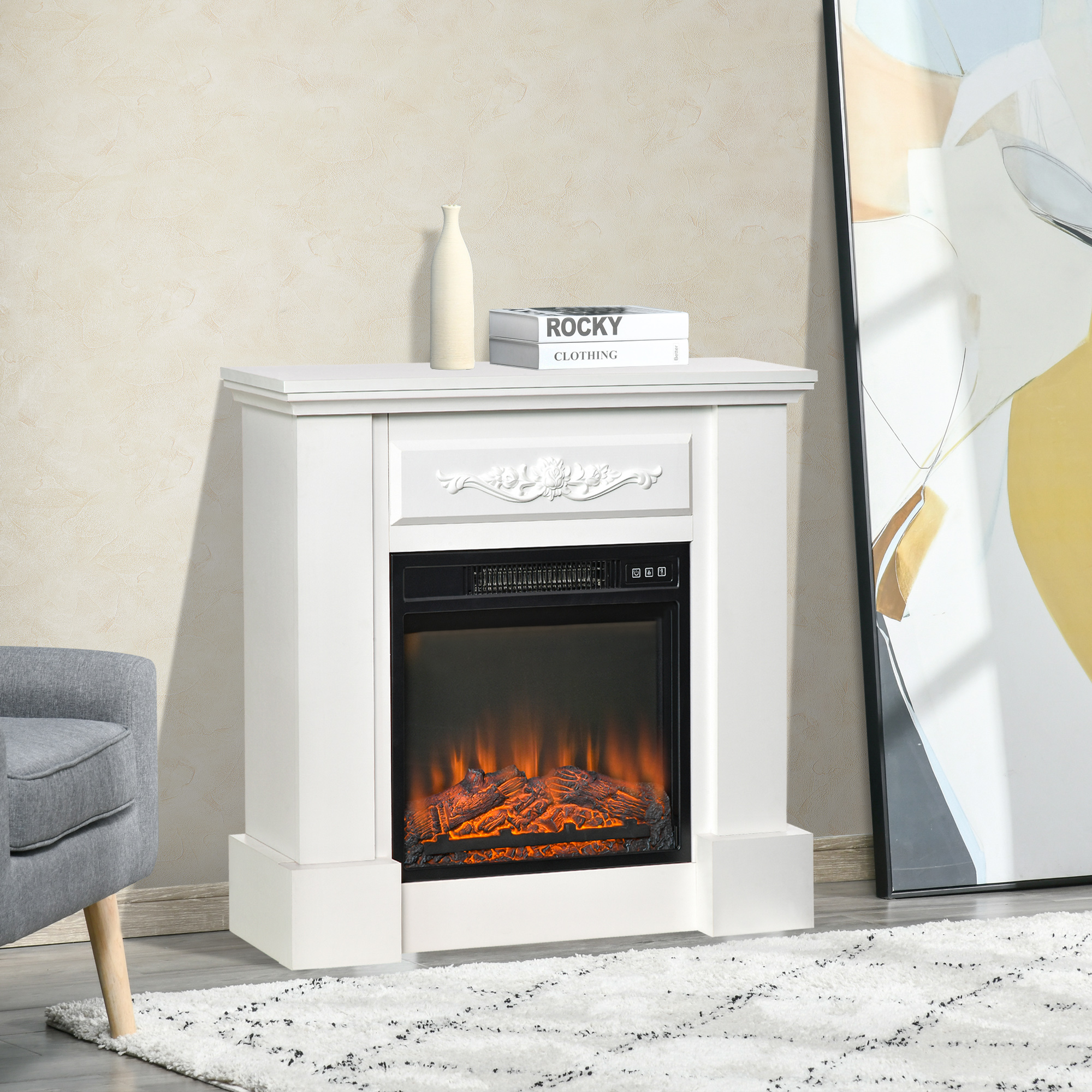 Elektrischer Kamin Mit Rahmen Und Realistischem Flammeneffekt, 1800 W, Einbau- Und Standkamin, Kaminofen Mit Fernbedienung, Thermostat, Timer Und Einstellbarer Heizleistung Für Das Wohnzimmer, Weiß