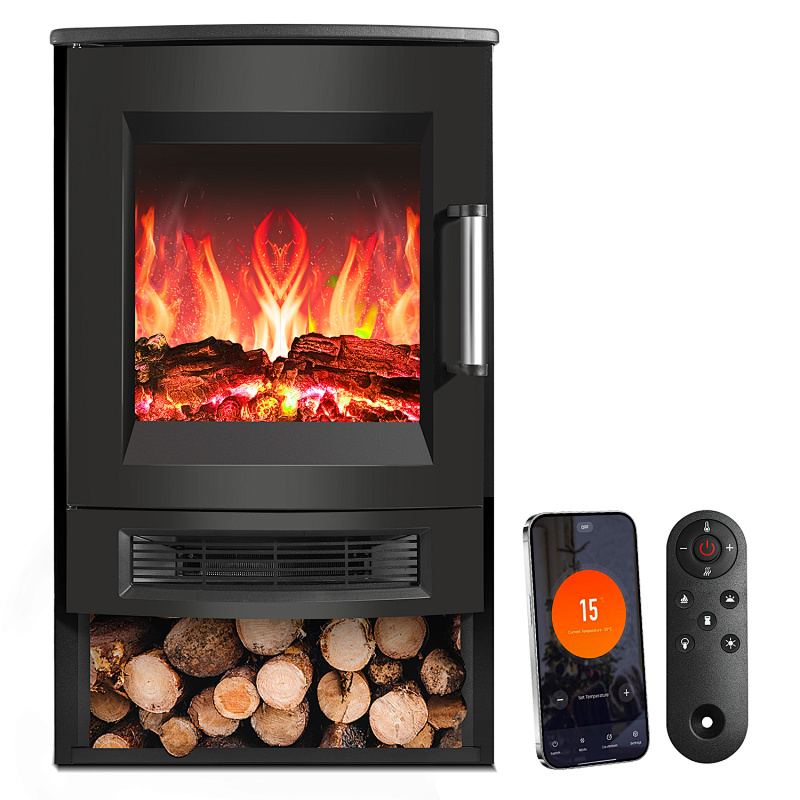Randaco Elektrokamin – Elektrischer Heizofen – 900w/1800w Standkamin– Dreiseitiger Panorama-kamin - Led-flammeneffekt– Schwarz