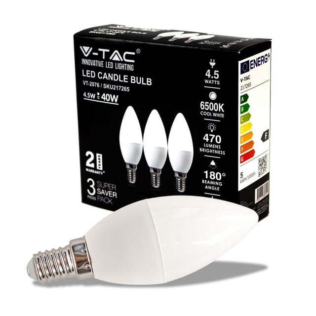 217265 led eek f (a - g) E14 Kerzenform 4.50 w Kaltweiß (ø x h) 39 mm x 102 mm 3 St. - V-tac
