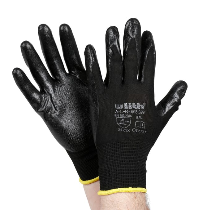 Ulith - 1 Paar Arbeitshandschuhe Nitril schwarz Cat2 Nylon Strickbund EN388 Gr.9