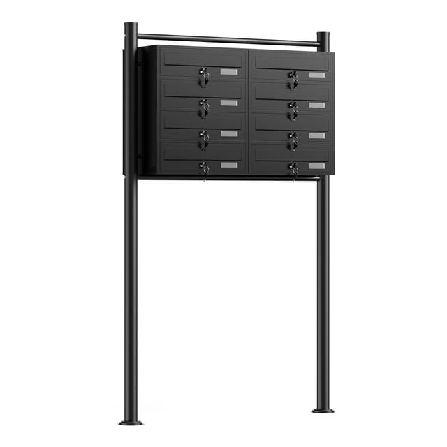 Wiltec 8er Briefkastenanlage schwarz 945 x 270 x 1500 mm, Standbriefkasten mit 2x4 Fächern, Schlüssel und Namensschild, Briefkasten Postkasten mit
