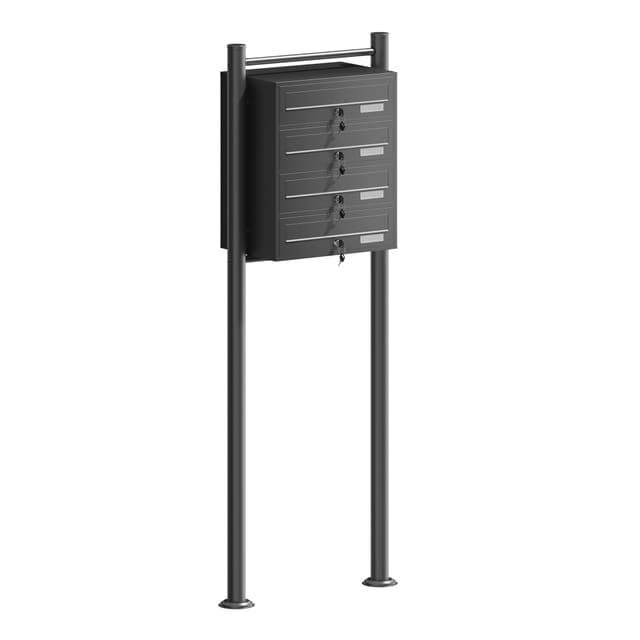 Wiltec - 4er Briefkastenanlage schwarz 270 x 513 x 1500 mm, Standbriefkasten mit 4 Fächern, Schlüssel und Namensschild, Briefkasten Postkasten mit