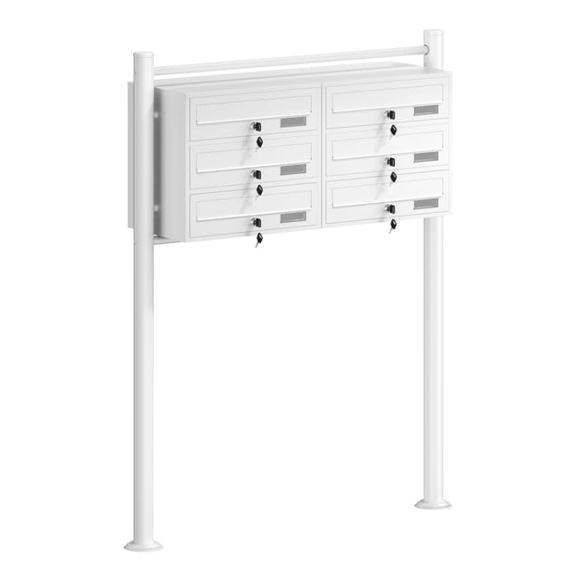 6er Briefkastenanlage weiß 270 x 898 x 1150 mm, Standbriefkasten mit 2x3 Fächern, Schlüssel und Namensschild, Briefkasten Postkasten mit Ständer