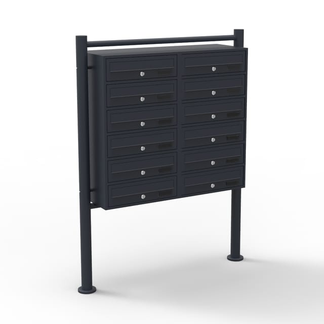 Wiltec 12er Briefkastenanlage schwarz 945 x 270 x 1500 mm, Standbriefkasten mit 2x6 Fächern, Schlüssel und Namensschild, Briefkasten Postkasten mit