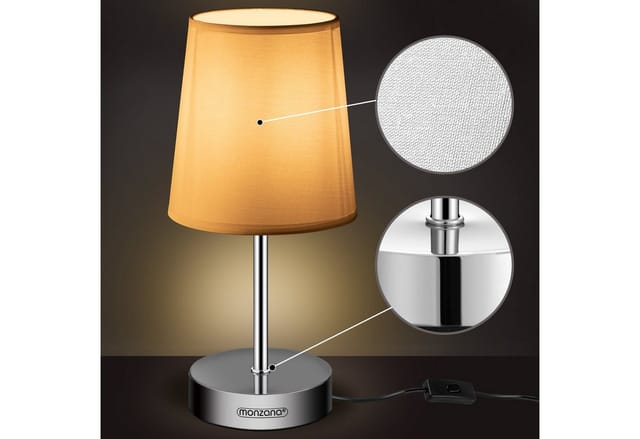 Monzana Nachttischlampe Stoffschirm 32cm Hoch E14 Chrom 15W Wohnzimmer Schlafzimmer Büro Flur Metall Schirm Tischlampe Tischlampe Nachttischleuchte