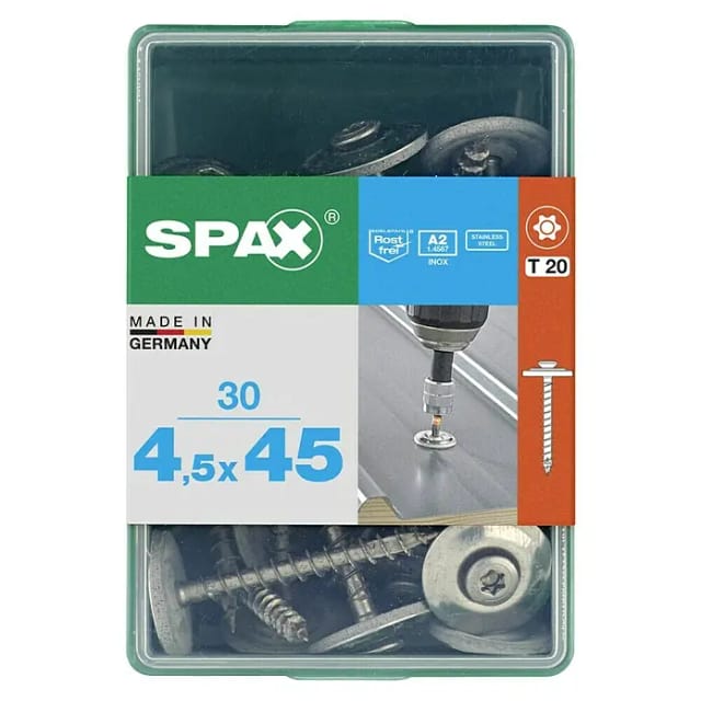 Spax - Spenglerschraube A2 4,5x45 mm + Dichtscheibe 20 mm lp, 30 Stück
