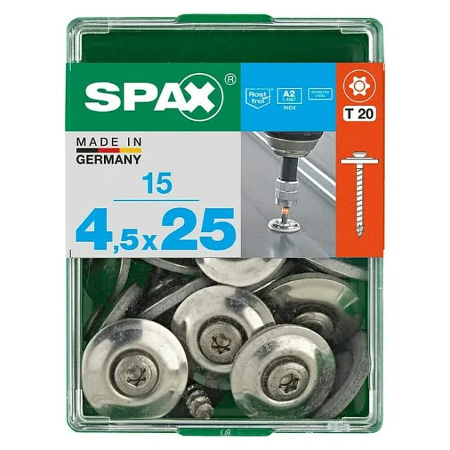 Spax - Spenglerschraube A2 4,5x25 mm + Dichtscheibe 20 mm m, 15 Stück