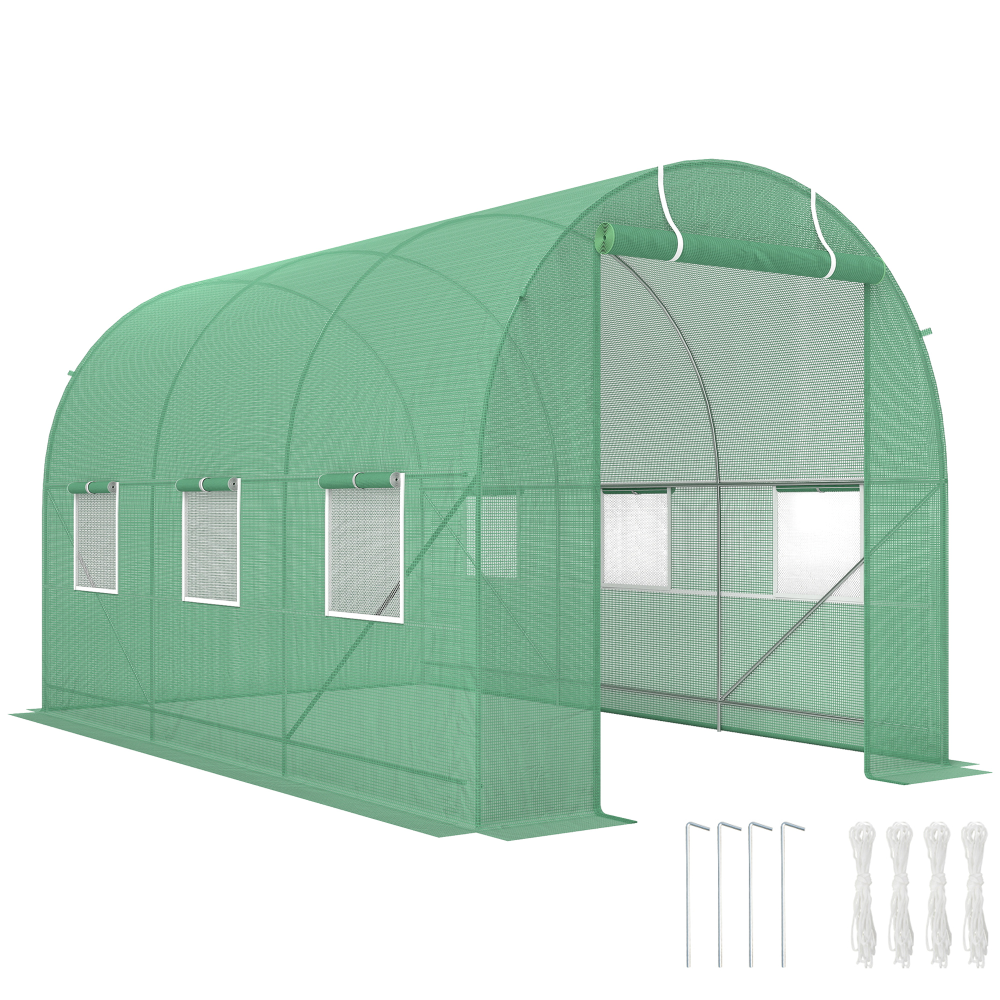 Tunnelgewächshaus, 7 M² Grundfläche, 3,5 M (l) X 2 M (b) X 2 M (h), Verstärkte Rohrkonstruktion, Tür Mit Reißverschluss, 6 Aufrollbare Fenster, Grün