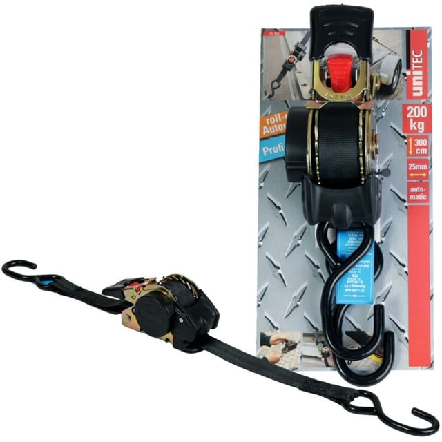 Zurrgurt mit Aufrollautomatik 3m 25mm 200kg Schwarz