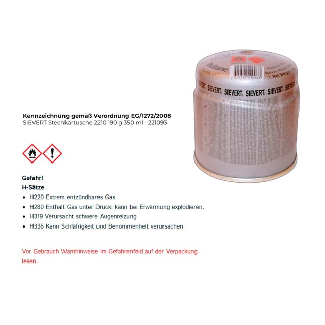 Stechkartusche 2210 190g 350 ml 1925GradC Sievert