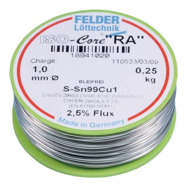 Felder - ISO-Core 'ra' Sn99Cu1 Lötzinn, bleifrei Spule Sn99,3Cu0,7 0.250 kg 1 mm