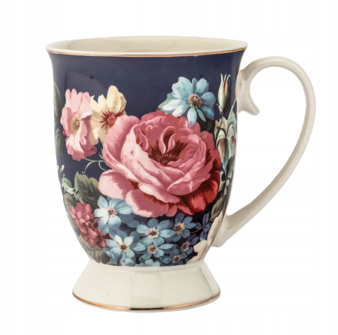 Elegante Marineblaue Porzellantasse Mit Rosenmotiv Am Fuß, 320 Ml, 1 Stück, Rose