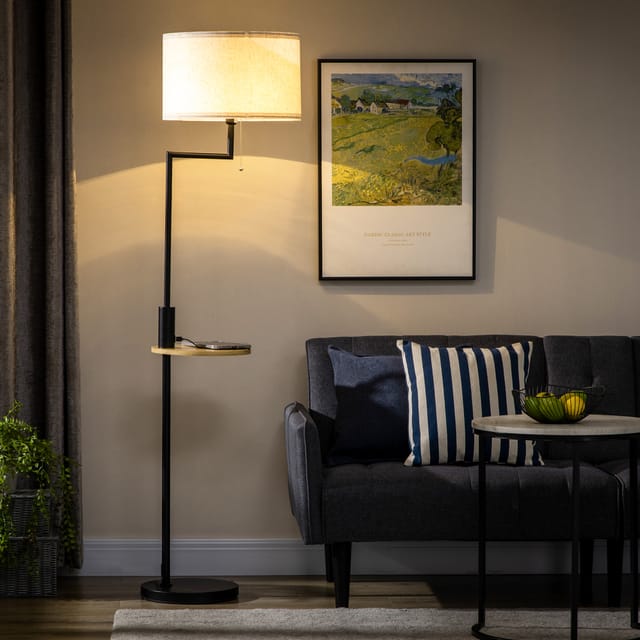 Stehleuchte mit Ablage, 40W, Standlampe mit USB-Anschluss, Stahl, Creme, Ø40x168 cm, ohne Glühbirne