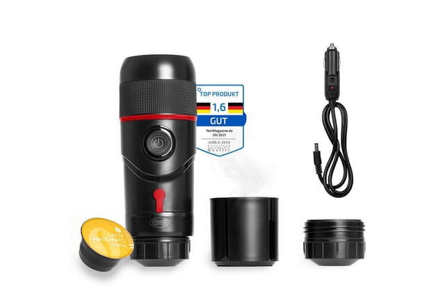 Heyner® Espressomaschine Reisekaffemaschine – 12 V, für Kaffeekapseln und Pulver, 60‑ml Wassertank, Start‑/Stopp‑Automatik, passend für Cupholder,