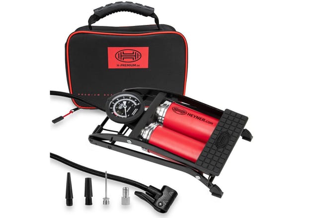 HEYNER® 22500N Fußluftpumpe Doppelzylinder 2 Zylinder mit Manometer bis 10 bar + Tasche