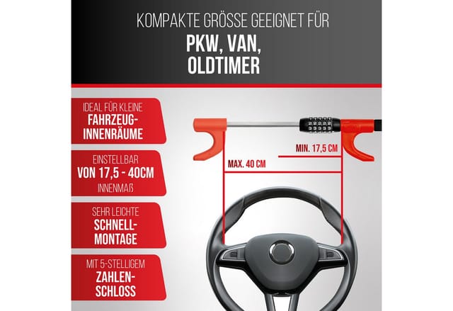 HEYNER® Lenkradsperre mit Zahlenschloss Kompakt Lenkradkralle Wegfahrsperre Parkkralle Diebstahlschutz Schloss PKW Auto Abschreckung Kralle