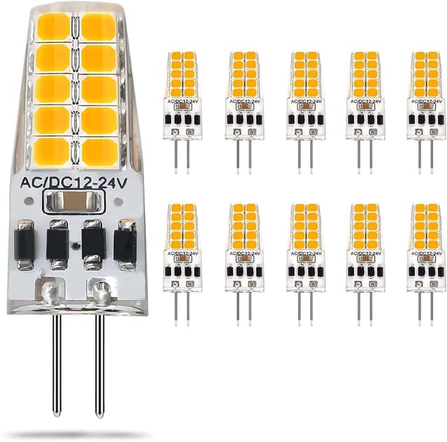 Packung mit 10 LED-Lampen, 3 W, 12-24 V, G6.35-Sockel, warmweiß 2900 K, für Unterbauleuchten oder Schreibtischlampen.