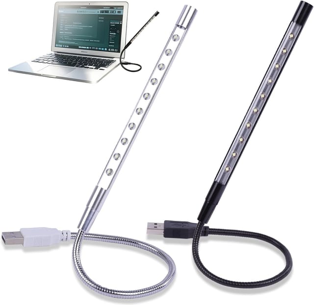 2-teilige USB-LED-Leselampe mit flexiblem Schwanenhals – Tragbare Lichtquelle in Schwarz und Silber, Buchlampe, USB-Laptoplampe