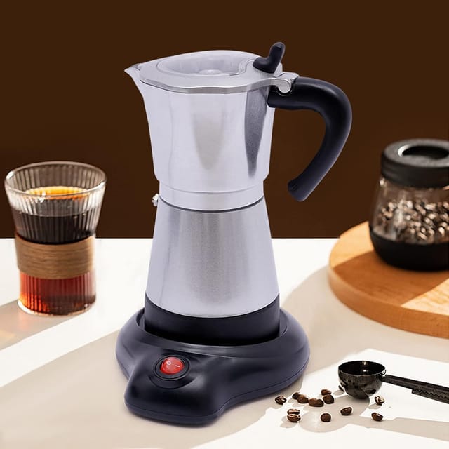 Elektrischer Espresso-Kocher mit Basis, 480W Elektrisch Espressomaschine, Espresso-Kocher Über 300ml, für DIY verschiedenen exquisiten Kaffee (Silber)