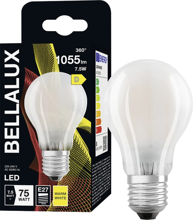 Standard E27, 7.5W, warmweiße, mattierte LED-Glühbirne.
