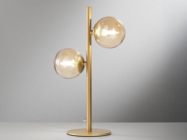 Meinewunschleuchte - Außergewöhnliche led Tischleuchte Messing - Glaskugeln Amber, Höhe 40cm