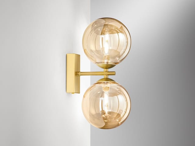 Außergewöhnliche led Wandlampe Messing Glaskugeln Amber, Höhe 23cm