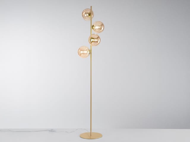 Ausgefallene led Stehleuchte Messing - Glaskugeln Amber, Höhe 160cm