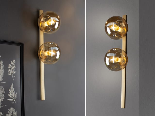 Meinewunschleuchte - Außergewöhnliche led Wandlampe Messing 2 flammig Glaskugel Amber, Höhe 60cm