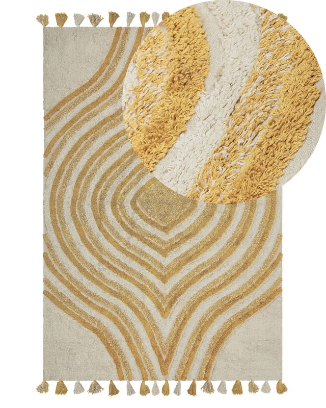 Teppich Beige u. Senfgelb Baumwolle 140 x 200 cm Rechteckig Abstraktes Muster Boho Stil Handgetuftet für Wohnzimmer Schlafzimmer Flur