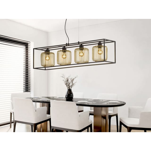 Hängelampe Pendellampe Esstischlampe schwarz gold 4 flammig Retro Käfig l 110 cm