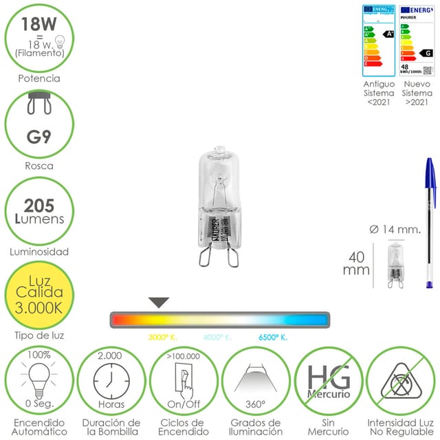 Maurer - Halogenlampe G-9. 18 w. 205 Lumen. Warmes Licht (3.000º k)