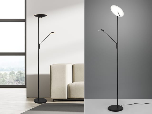 Led Deckenfluter brantford Schwarz schwenkbar mit Lesearm, Höhe 180cm