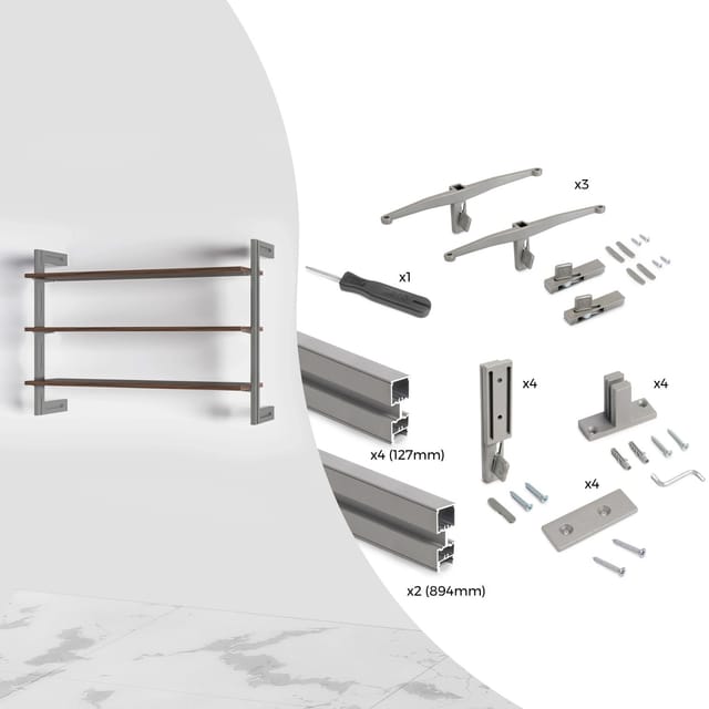 Set aus Zero Modular Frame Set mit Wandhalterungen, Aluminium und Zamak, Steingrau lackiert - Steingrau lackiert - Emuca