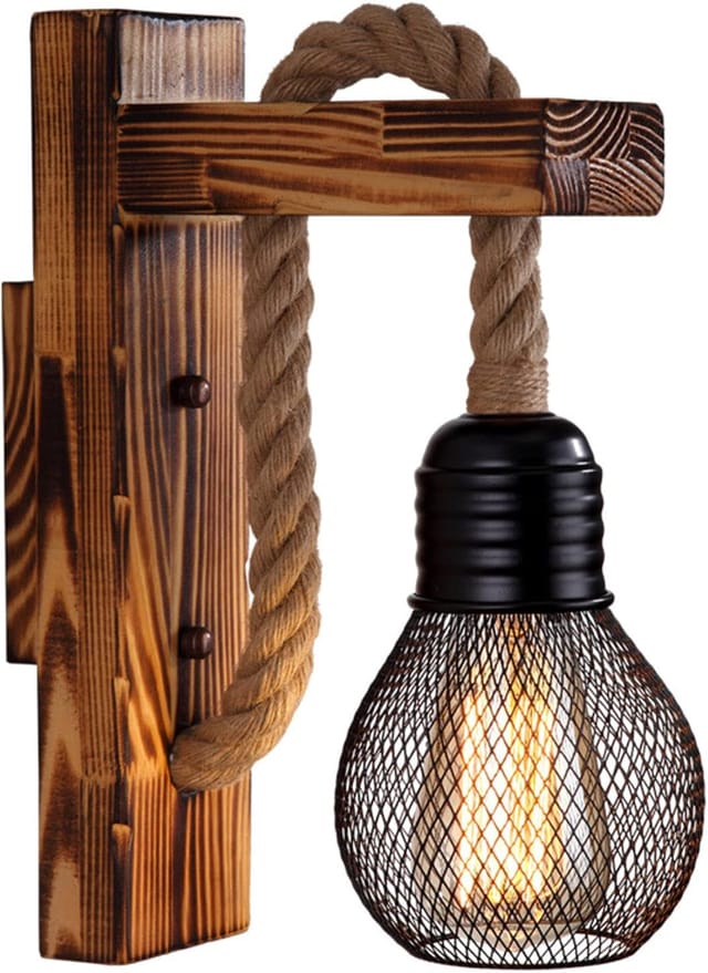 Vintage-Wandleuchte für den Innenbereich, Retro-Lampenschirm aus Hanfseil, E27-Fassung mit Holzbalken, Wandleuchte mit Schalter für Schlafzimmer,