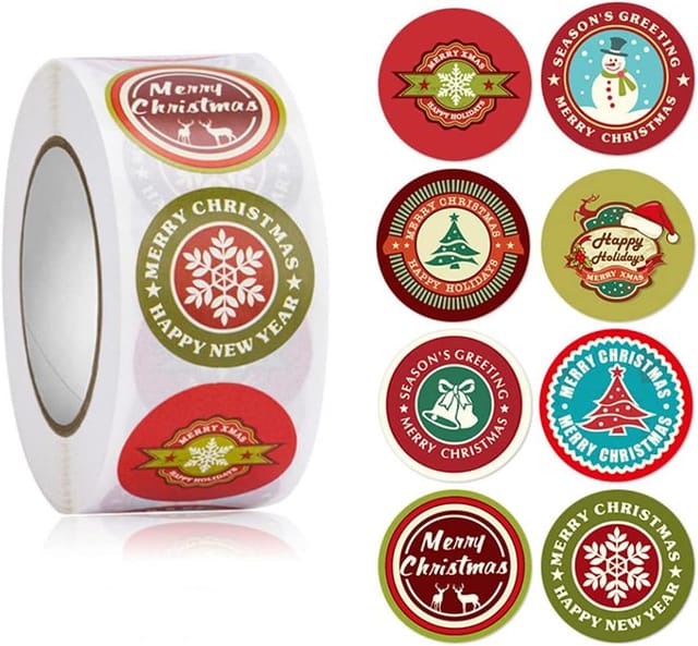 500 selbstklebende Weihnachtsetiketten (2,5 cm Durchmesser), 8 verschiedene Designs, runde Form, ideal zum Basteln, Scrapbooking und Verzieren von