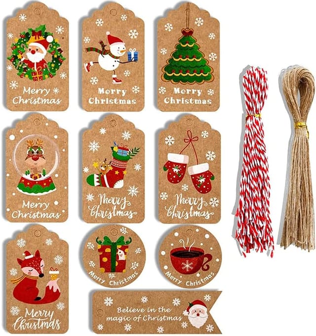 100 Weihnachtsanhänger aus Kraftpapier, Geschenkanhänger, 10 Designs, mit Juteschnur und rot-weißer Schnur, zum Verpacken von Weihnachtsgeschenken