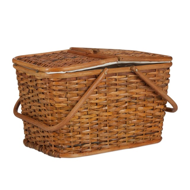 Relaxdays - Picknickkorb mit Deckel, geflochten, Stoffbezug, Henkel, großer Tragekorb, handgefertigt, Rattan, Honigbraun