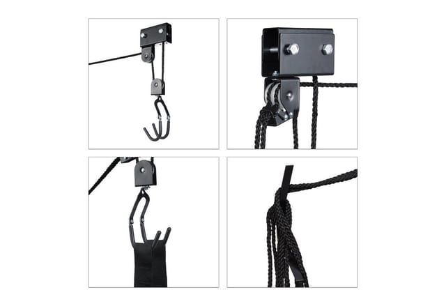 Relaxdays - Fahrrad Deckenlift, 57 kg Traglast, mit Haken, universal, mit Seilbremse, Seilzug, Kajak, Fahrradlift, schwarz