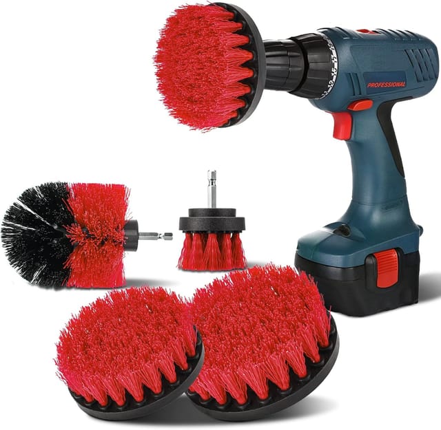 Bohrmaschinenbürsten-set, 4-teilig, Mittlere Borsten, 5 Cm / 9 Cm / 10 Cm / 13 Cm, Reinigungsbürste, Zubehörbürste, Bürsten Für Badewanne, Fliesenboden, Küche, Rot
