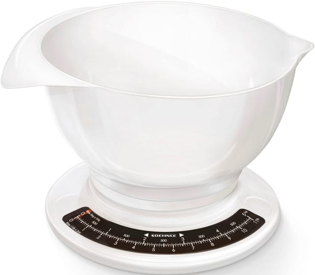 Culina Pro 5 kg, analoge Küchenwaage, weiß, Gewicht bis zu 5 kg (50-g-genau), Haushaltswaage mit großer Rührschüssel, Küchenwaage retro für Kuchen