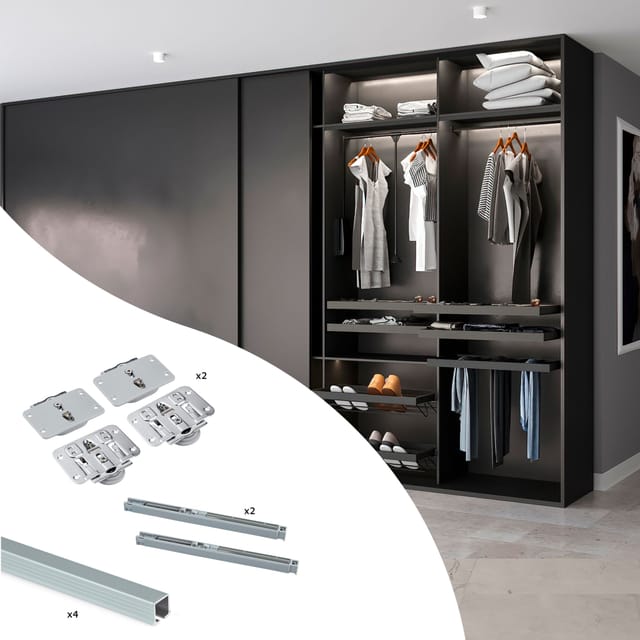 Set aus Beschlagset für Flow 2 Schiebetüren und Schrank mit sanftem Schließen mit eingelassenen Schienen 2,35 m, ohne Platten, Matt eloxiert - Emuca