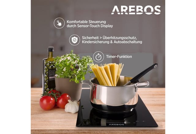 Arebos - Glaskeramikkochfeld 2 Platten Einbau autarkes Kochfeld 3200 w 30cm Sensor Touch Display 16 Heizstufen Kindersicherung Timer,
