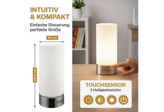 Tischlampe 2er Set Nachttischlampe Design Tischleuchte Touch 3 Helligkeitsstufen Wohnzimmerlampe Leuchte 2er Set Lumo - Monzana